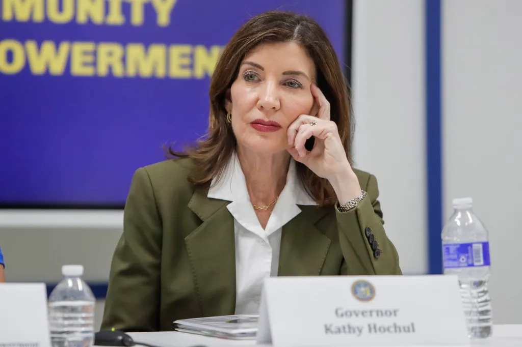 Kathy Hochul at a roundtable discussion regarding ICE enforcement.