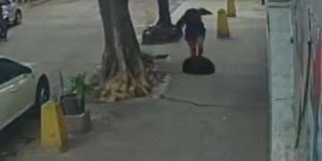Terrifying moment woman falls down a manhole after cover gives way beneath her