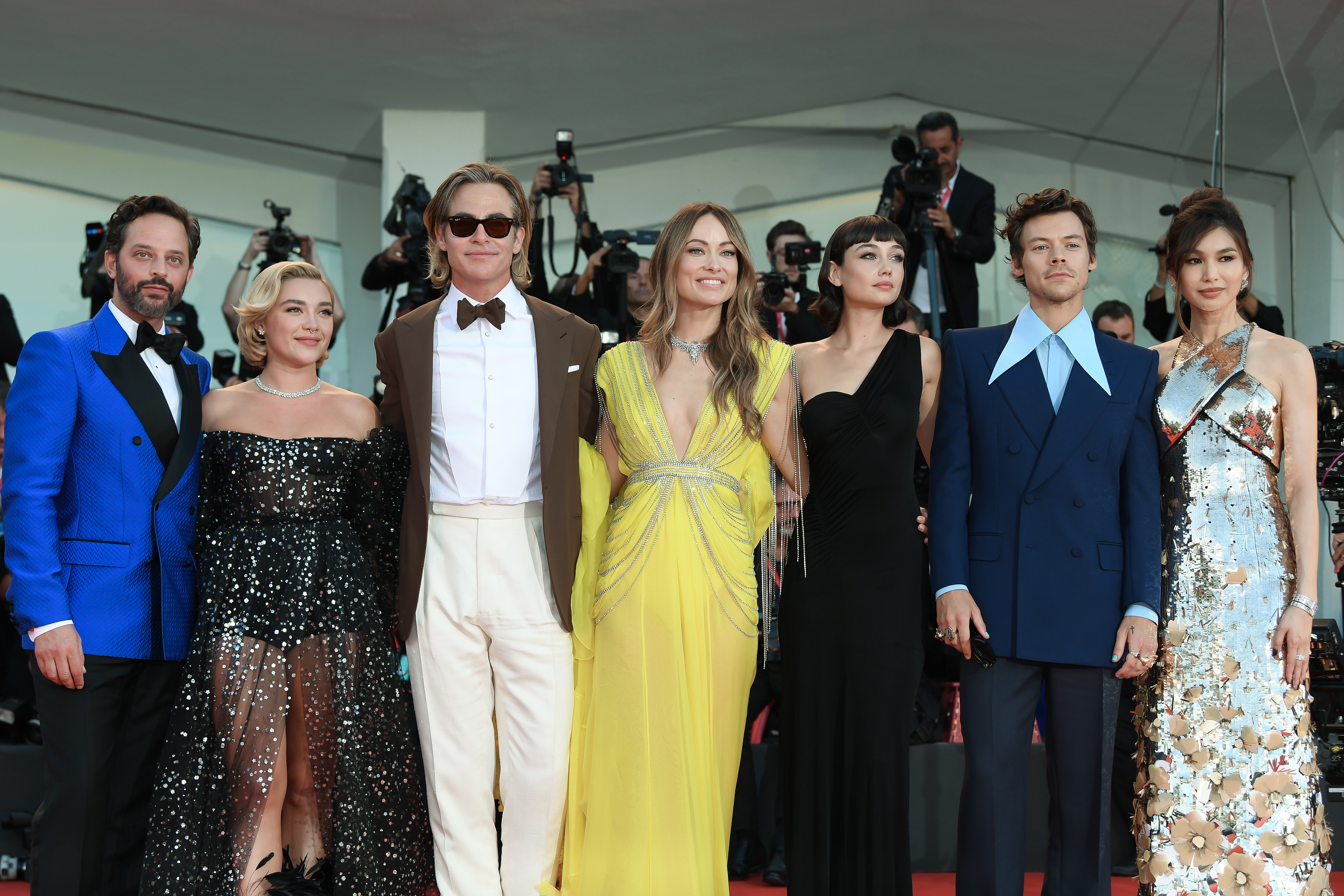 Nick Kroll, Florence Pugh, Chris Pine, Olivia Wilde, Sydney Chandle, Harry Styles and Gemma Chan at the 79th Venice International Film Festival.