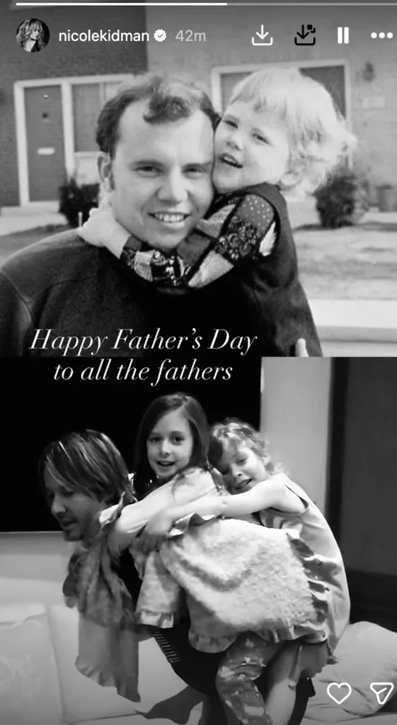 Collage of two black and white photos celebrating Father's Day, featuring Nicole Kidman with her father and Keith Urban with their children.