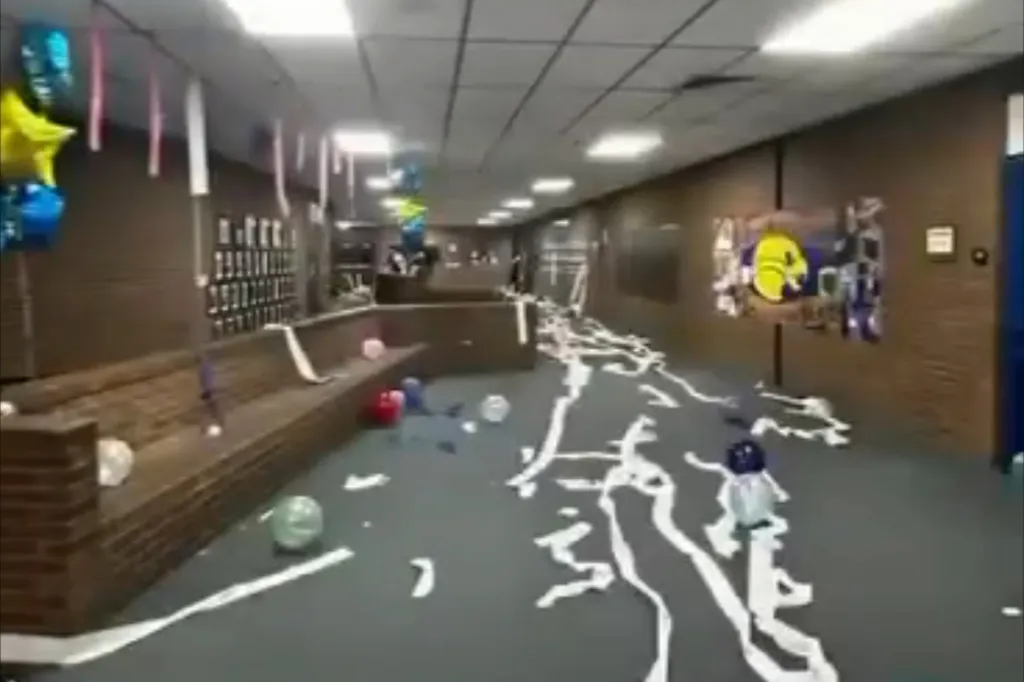 Several rooms and hallways inside the one-story building, which opened in 1976, were also covered with toilet paper, balloons and streamers.