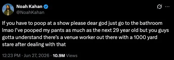 Noah Kahan's tweet advising concert-goers to use the bathroom.