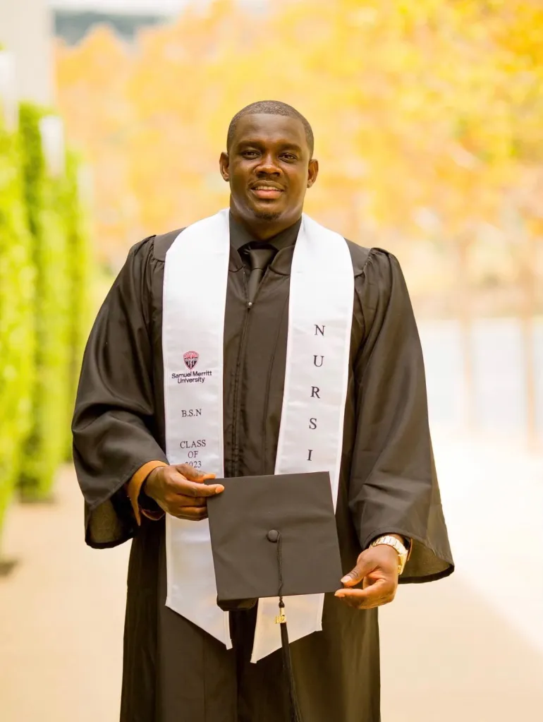 Nurse Lartey Solomon in graduation attire.
