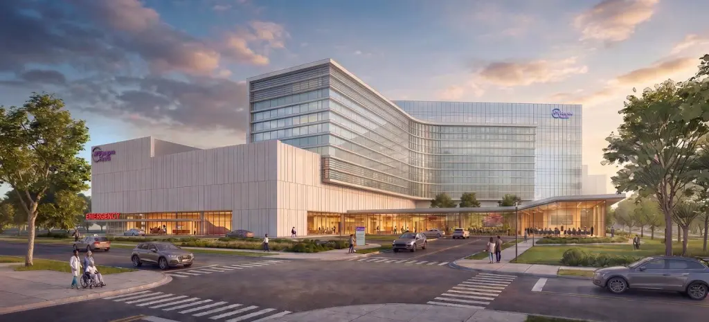 Illustration of the exterior of NYU Langone Health's new academic medical center in Melville.