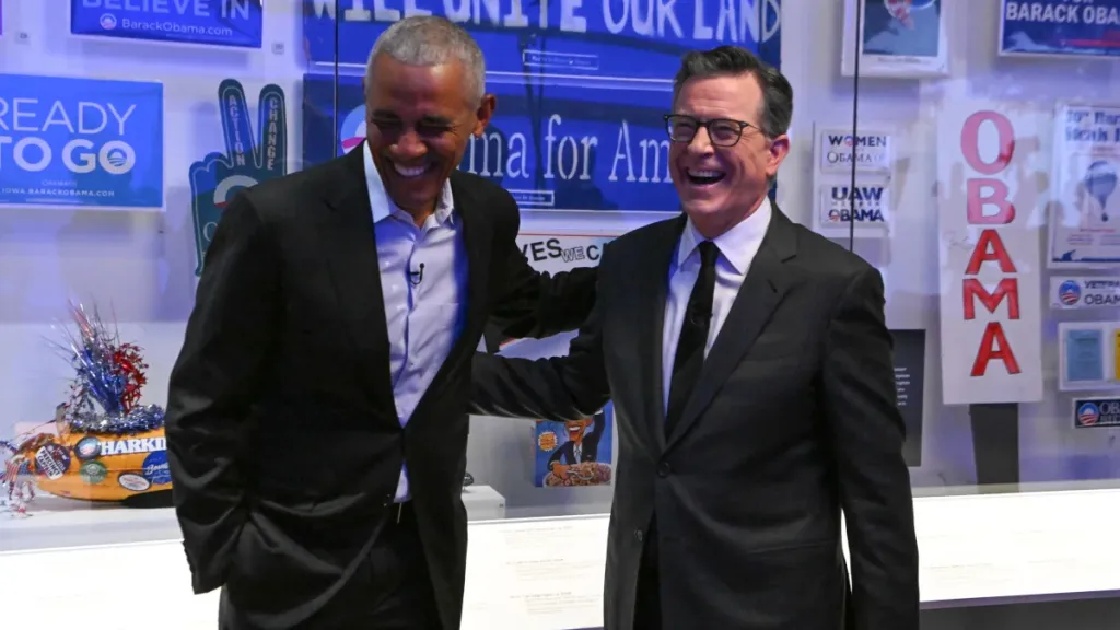 Stephen Colbert joins Barack Obama at the former president's new library in Chicago on 