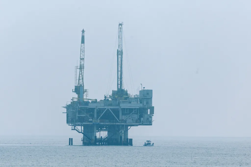 Offshore oil rig platform Esther in the fog off the California coast.
