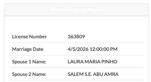 Marriage license details for Laura Maria Pinho and Salem S.E. Abu Amra.