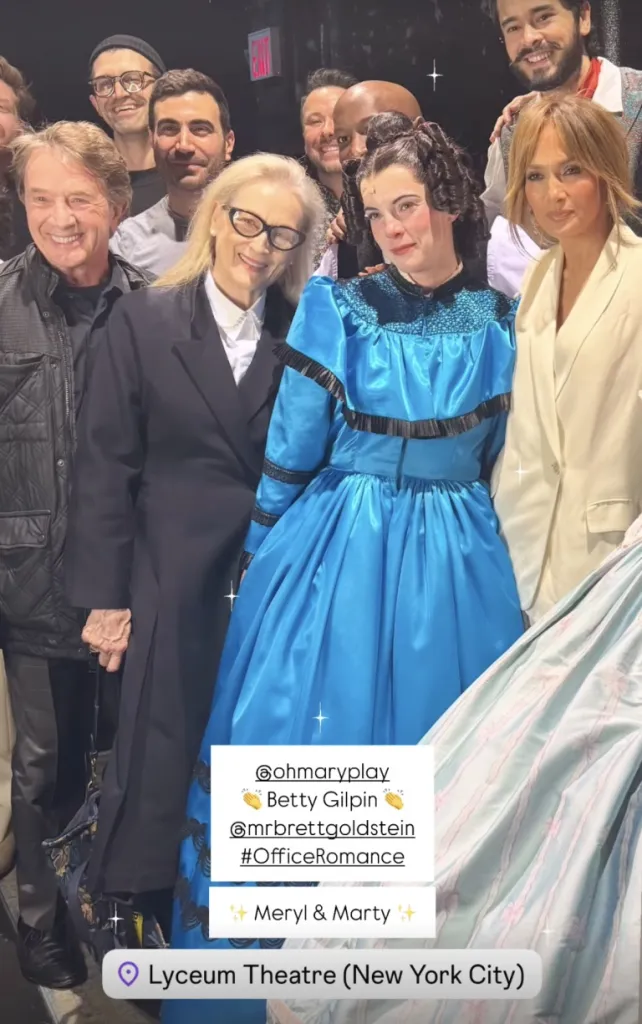 Jennifer Lopez and Brett Goldstein visit Oh Mary on Broadway, posing for a group photo with Martin Short, Meryl Streep, and the cast.
