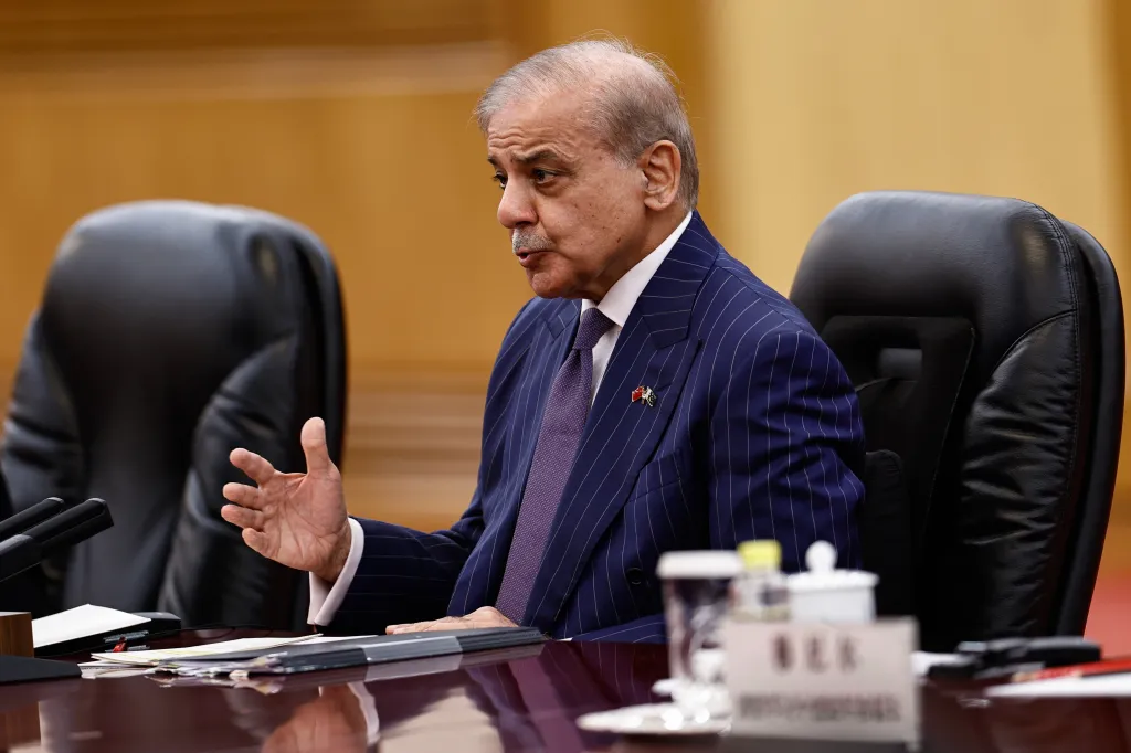 Pakistan's Prime Minister Shehbaz Sharif speaking at a meeting.
