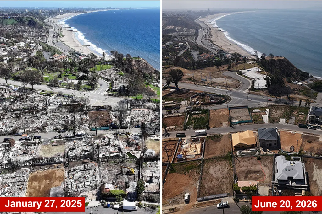 Collage of aerial views showing the aftermath of the Palisades fire on January 27, 2025, and reconstruction on June 20, 2026.