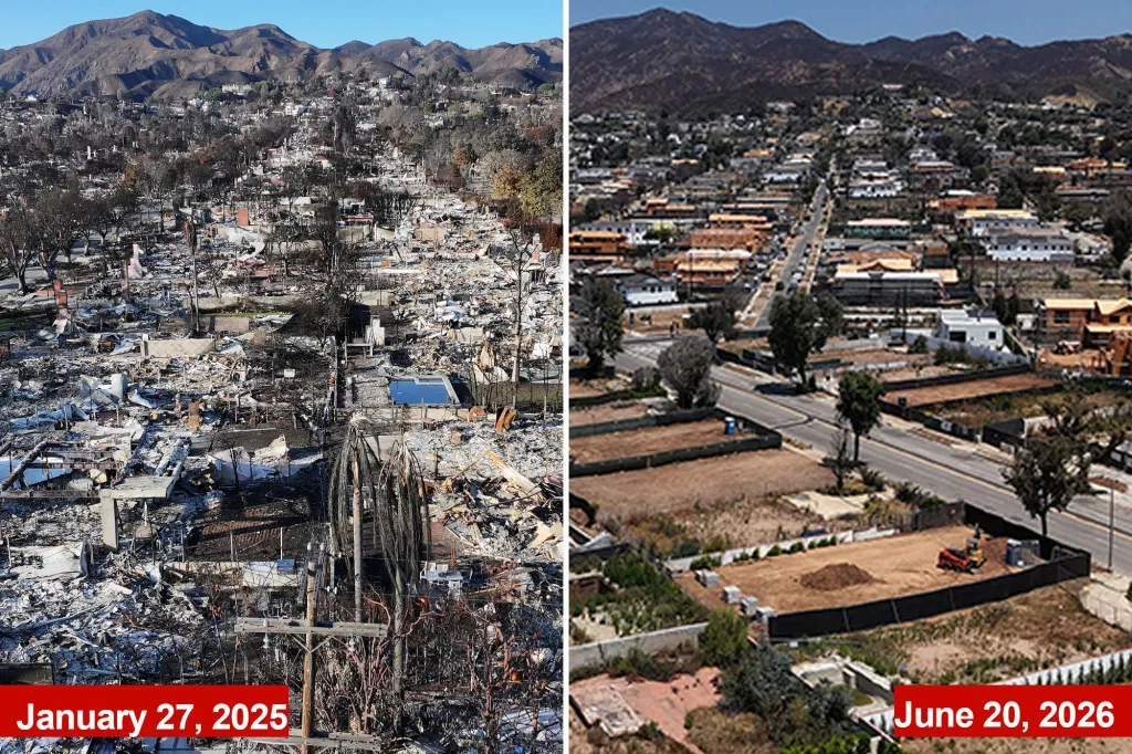 Collage of two images showing the aftermath of the Palisades fire, with the left image showing widespread devastation in January 2025 and the right image showing reconstruction and cleared lots in June 2026.