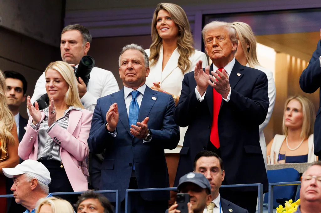 President Donald Trump stands next to Steve Witkoff during the US Open Men's Final trophy presentation at Arthur Ashe Stadium on Sept. 7, 2025.