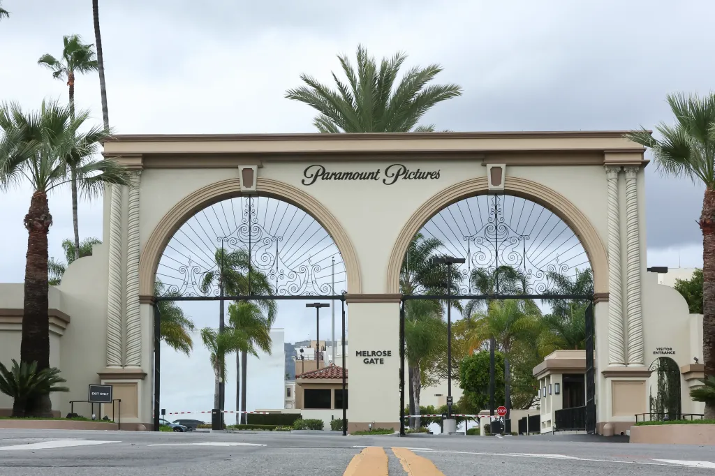 Paramount Pictures logo displays above an entrance arch in Los Angeles.