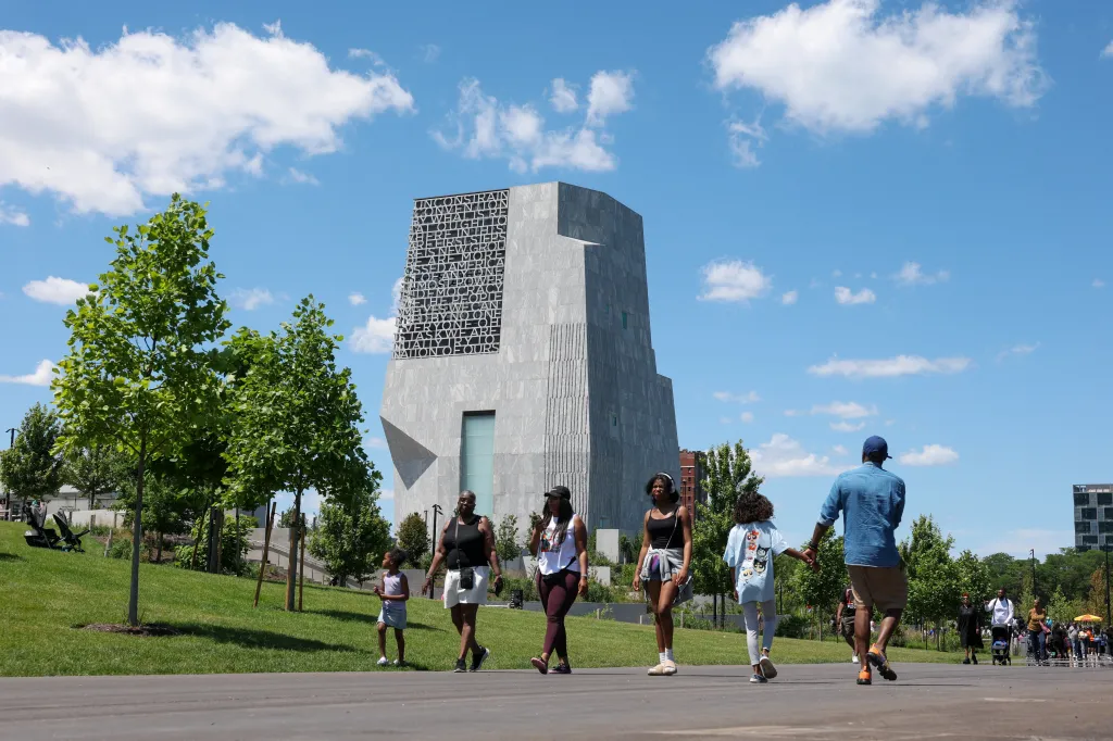 The 225-foot towering museum building of the Obama center is seen in Chicago, Ill. on June 19, 2026.