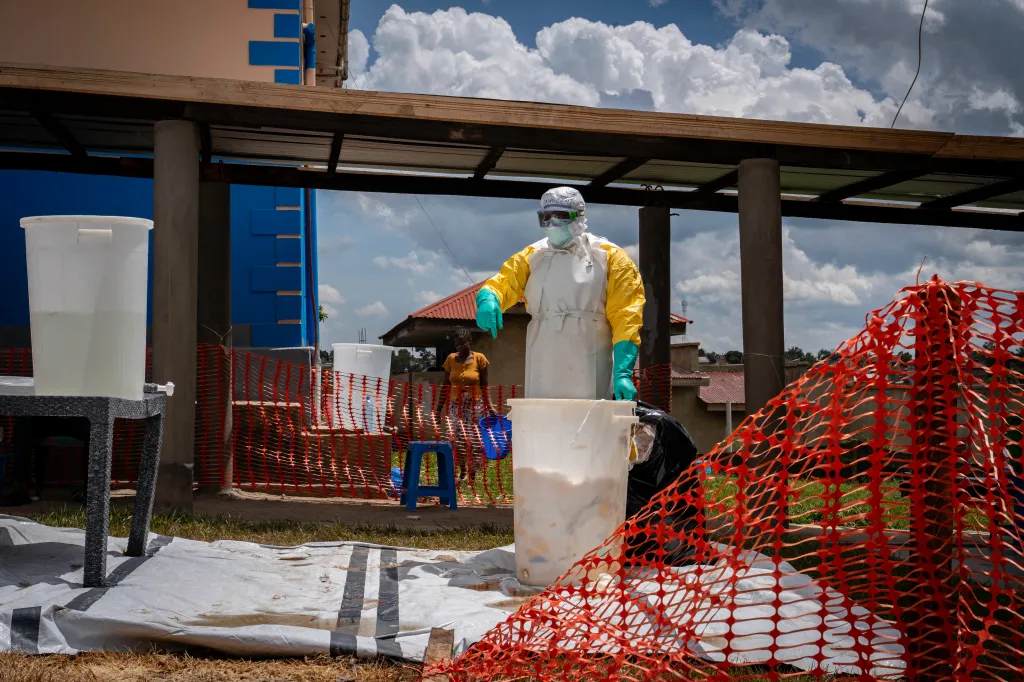 A medical worker in full protective gear at an Ebola treatment center in the Democratic Republic of the Congo.