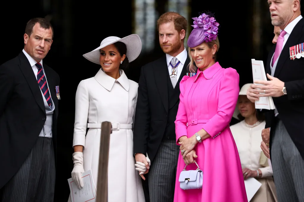 Meghan, Duchess of Sussex, Prince Harry, Duke of Sussex, and Zara Tindall with her husband Mike Tindall leaving St Paul's Cathedral.