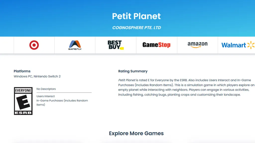 Petit Planet Switch 2 ESRB Rating