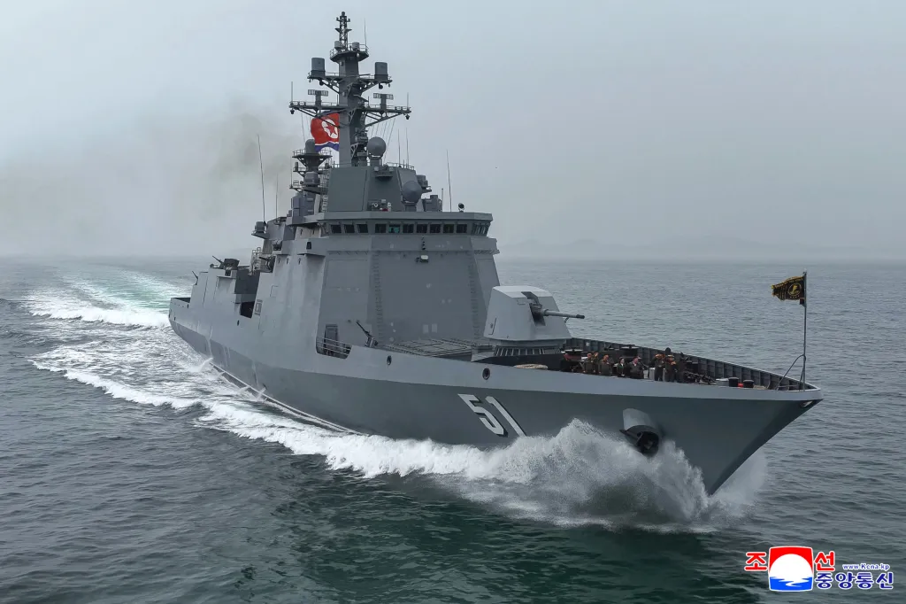 North Korean leader Kim Jong Un and his daughter Kim Ju Ae inspecting the destroyer Choe Hyon as it undergoes a comprehensive evaluation test of its maneuverability before entering service at an undisclosed location in North Korea.