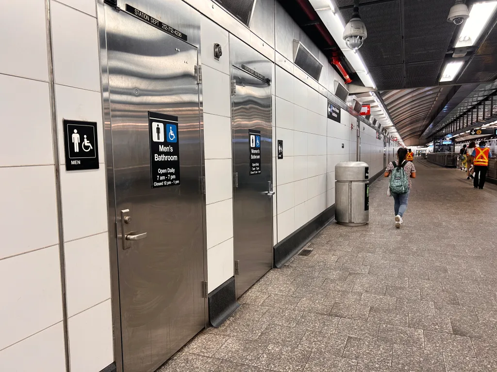 MTA subway train station bathroom doors in Manhattan, New York.