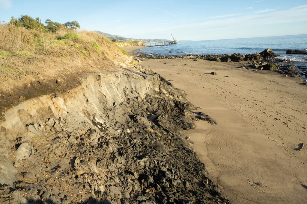 Oil seep on a sandy beach in Carpenteria, California.