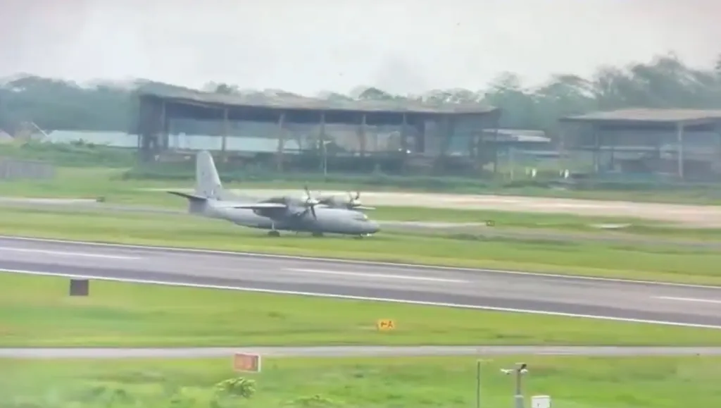 The plane veered off the runway after appearing to land normally.