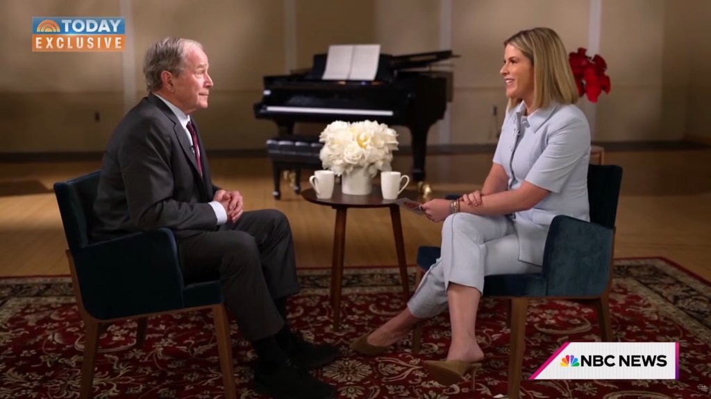Former President George W. Bush, in a grey suit, being interviewed by Jenna Bush Hage, in a blue pant suit, for TODAY.
