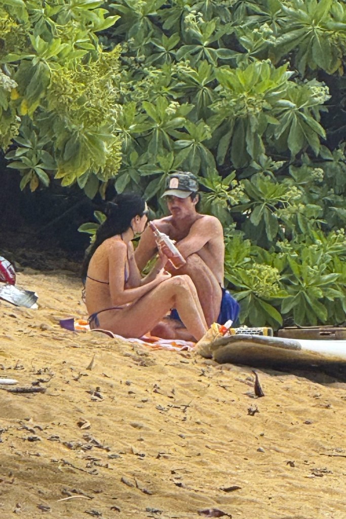 Kendall Jenner and Jacob Elordi sitting on a beach in Hawaii.