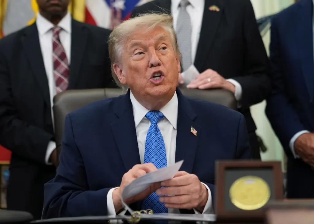 President Donald Trump speaking in the Oval Office.