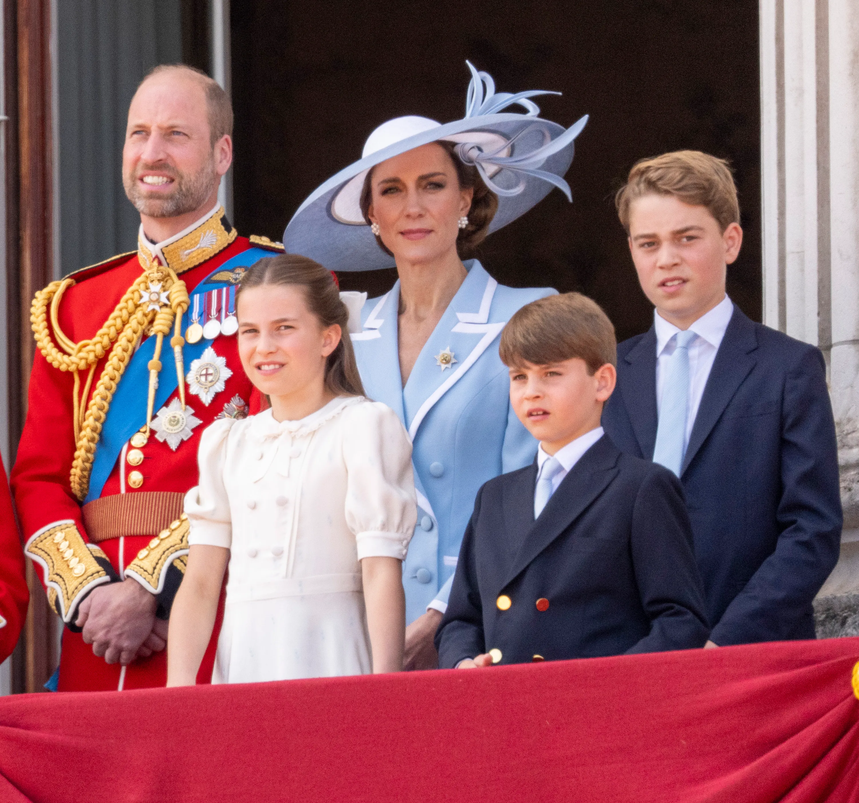 Prince William, Prince of Wales and Catherine, Princess of Wales with Prince George of Wales, Princess Charlotte of Wales and Prince Louis of Wales during Trooping The Colour 2026 on June 13, 2026 in London, England. 