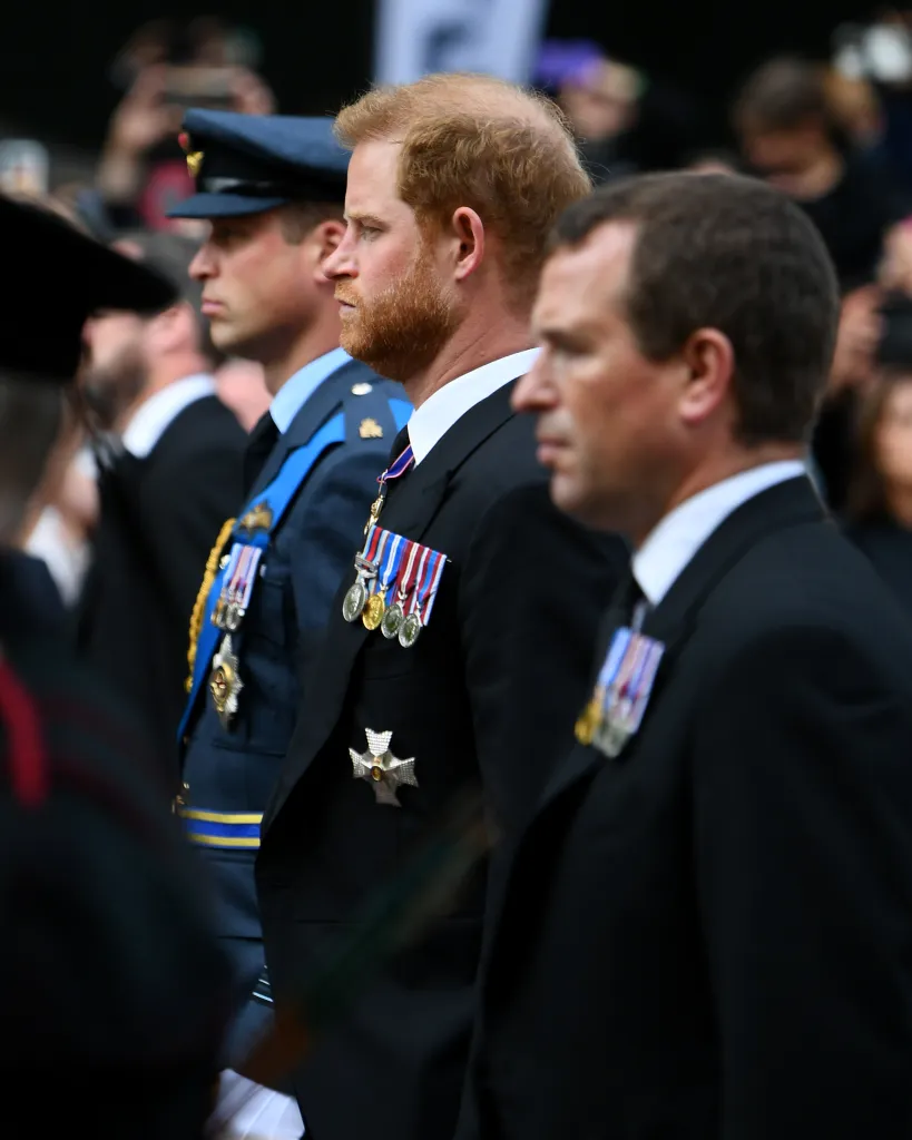 Prince William, Prince Harry, and Peter Phillips following the Queen's funeral cortege.