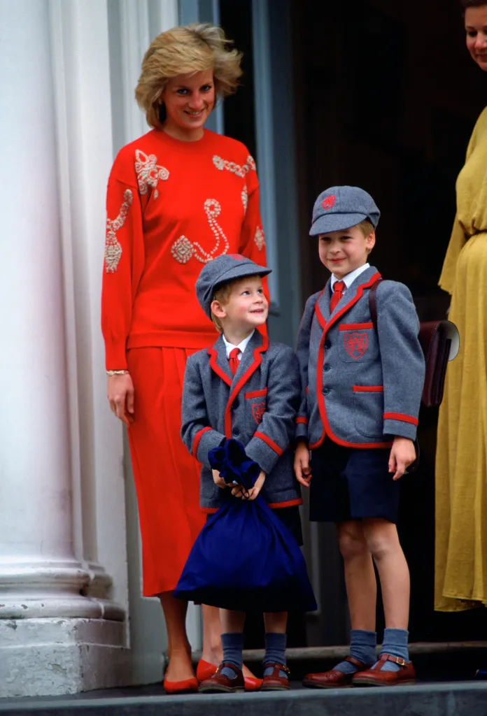 Princess Diana with her sons Prince William and Prince Harry on Prince Harry's first day of school.