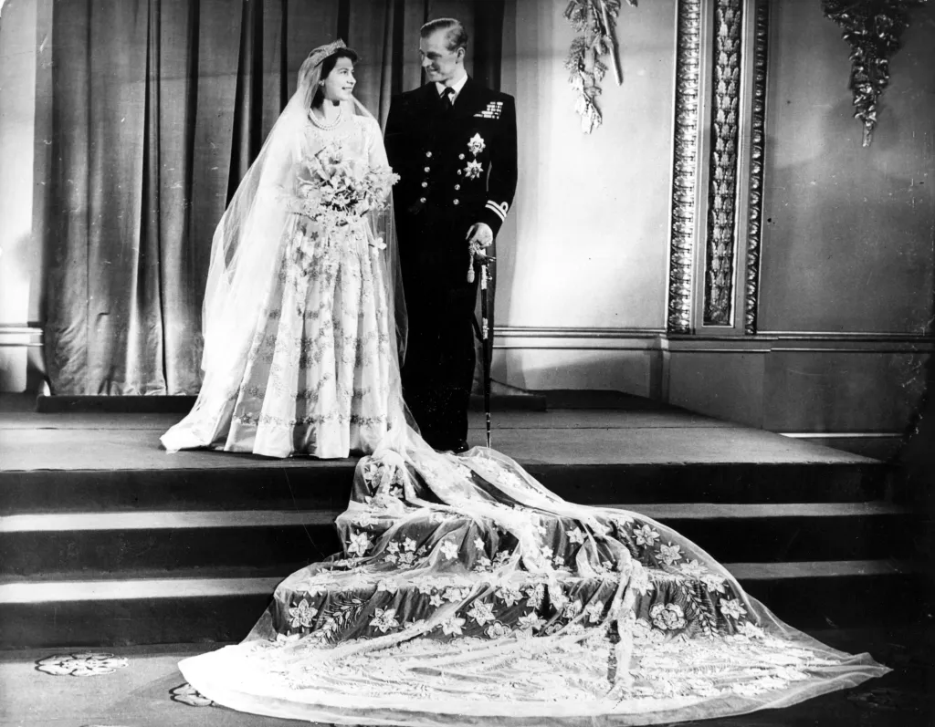 Princess Elizabeth and Prince Philip, Duke of Edinburgh, in their wedding attire.