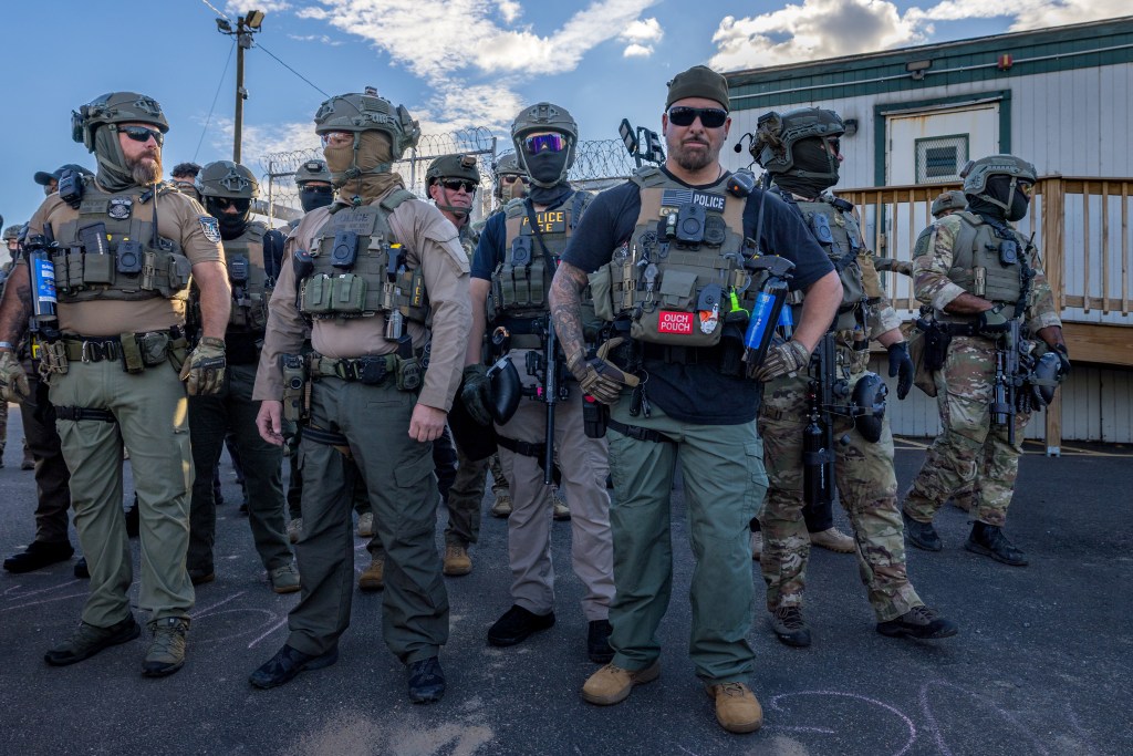 Protestors clash with law enforcement at Delaney Hall Immigration Detention Center on June 05, 2026 in Newark, New Jersey.