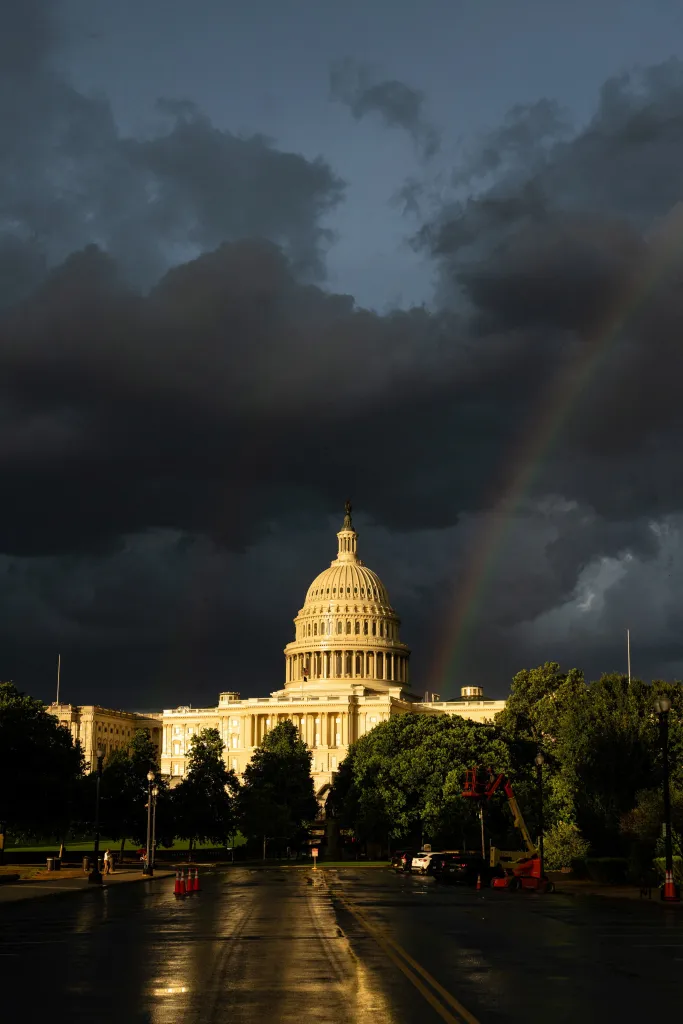 Rainbow behind the U.S. Capitol Building in Washington.