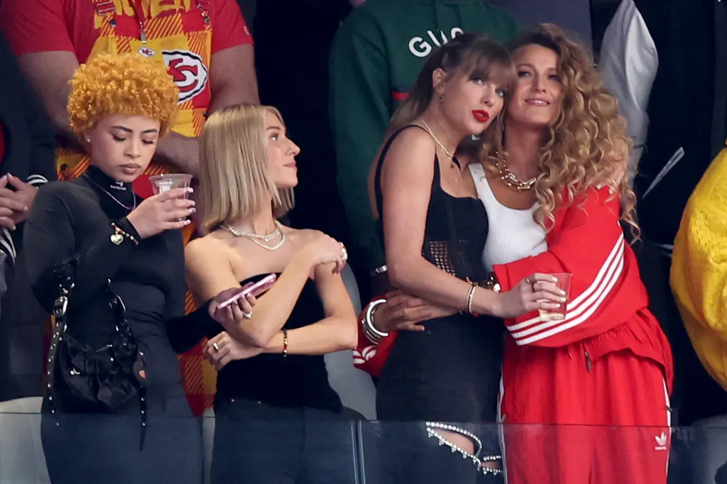 Ice Spice, Taylor Swift, and Blake Lively attend Super Bowl LVIII.