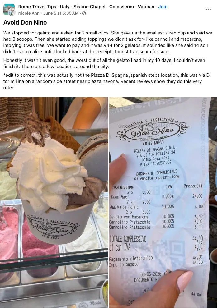 A close-up of a gelato cup with whipped cream and an itemized receipt for €44 from 