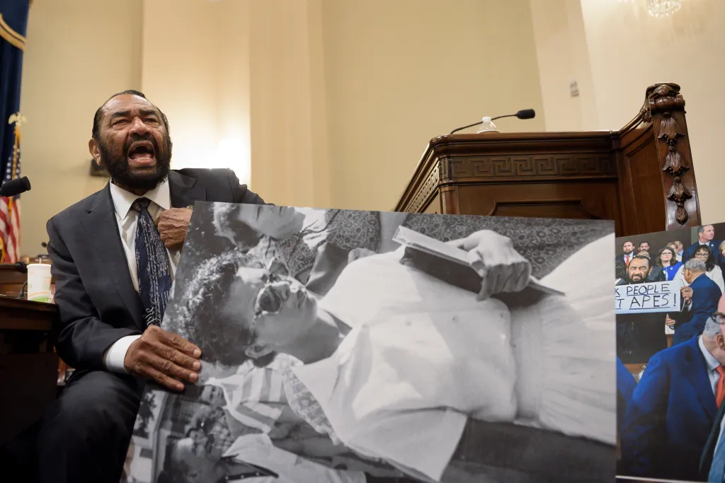 Rep. Al Green, D-Texas, addresses Homeland Security Secretary Markwayne Mullin during a House Committee on Homeland Security hearing in Washington, Wednesday, June 3, 2026. 