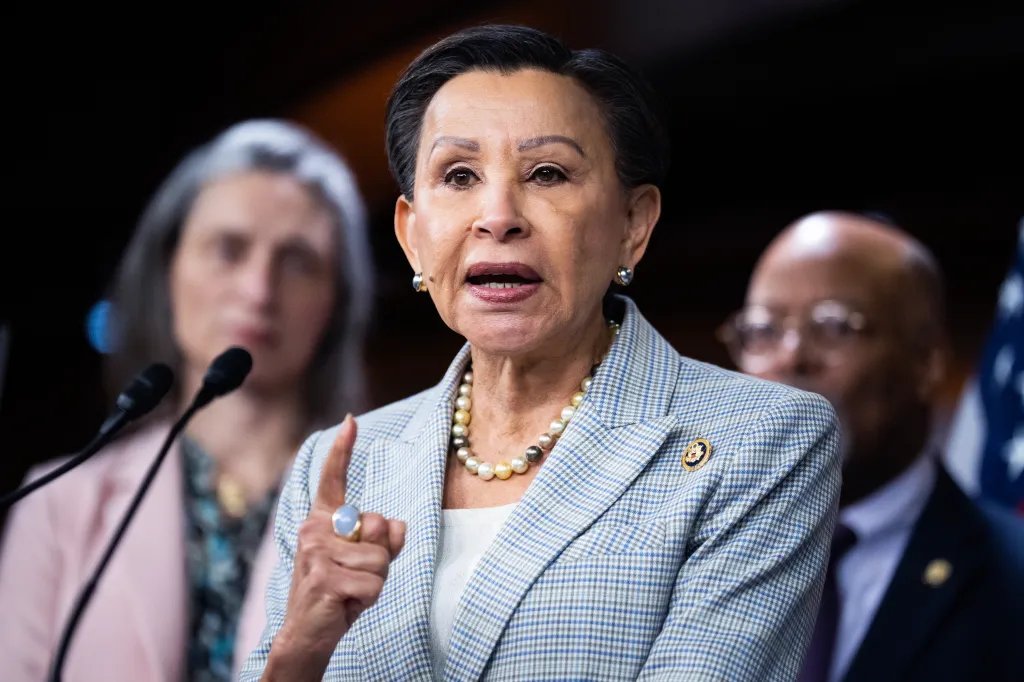 Rep. Nydia Velázquez speaking at a press conference, with Rep. Maxine Dexter and Rep. Glenn Ivey in the background.
