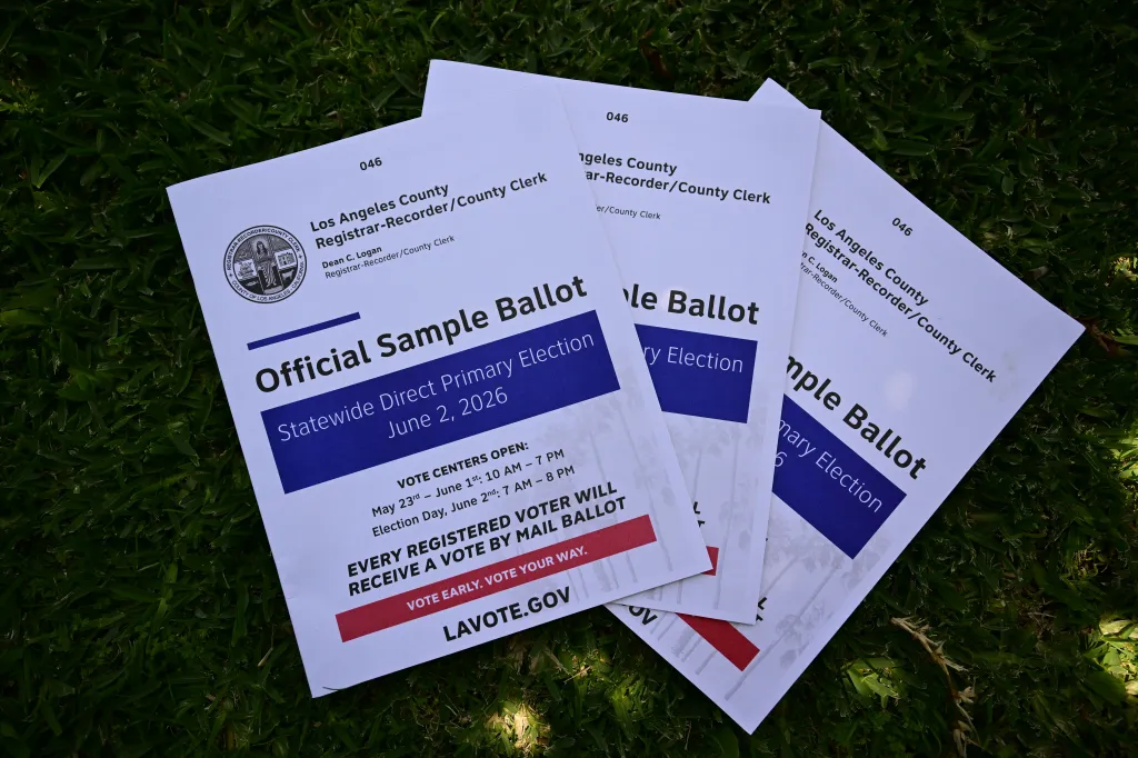 California sample ballots for the Los Angeles County Statewide Direct Primary Election on June 2, 2026, displayed on grass.