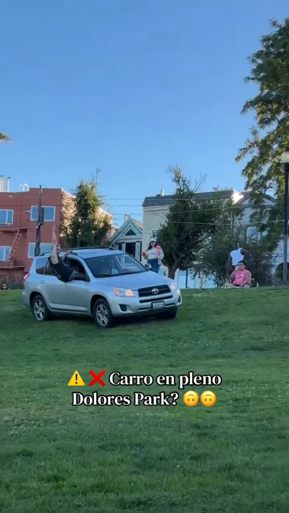 A silver car with a man leaning out the window driving on the grass at Dolores Park in San Francisco.