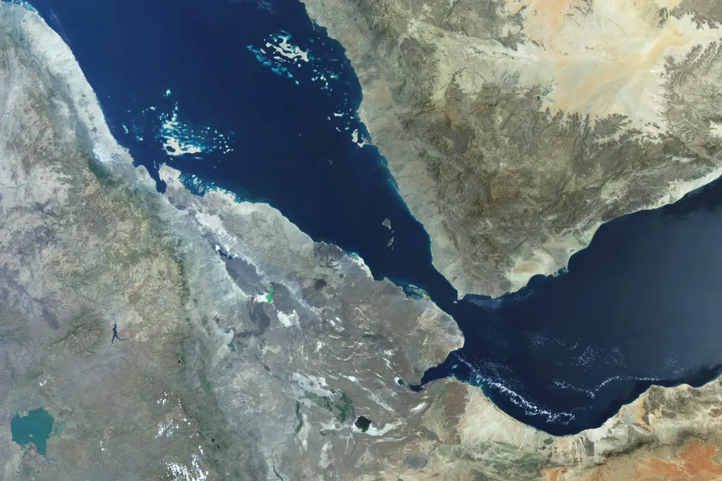 Satellite view of the Bab el-Mandeb Strait, a vital trade route between the Red Sea and Gulf of Aden.