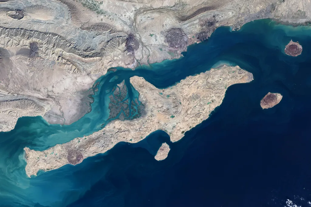 Satellite view of Qeshm Island in Hormozgan Province, Iran, in the Strait of Hormuz.