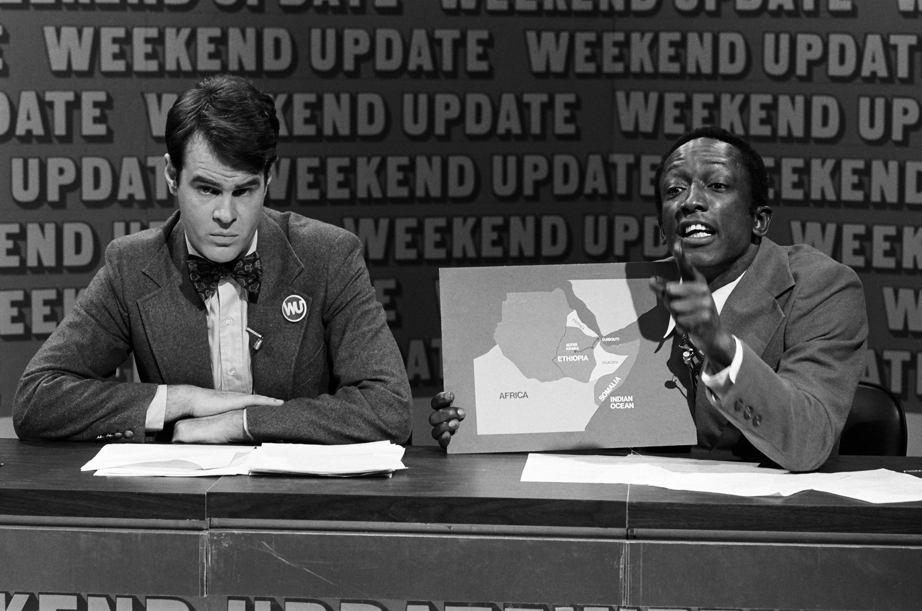 Dan Aykroyd and Garrett Morris presenting the 