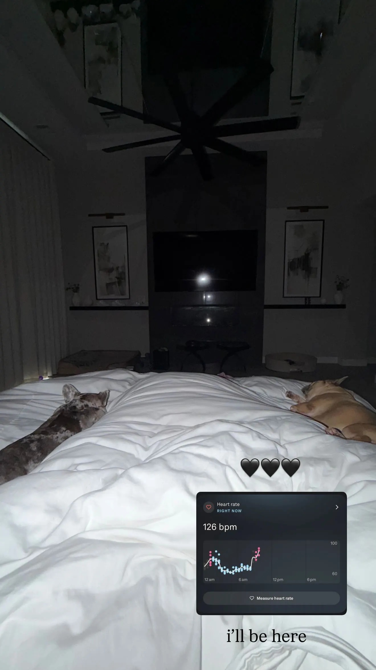 Two dogs sleeping on a white bed with a heart rate monitor displaying 126 bpm on the screen.
