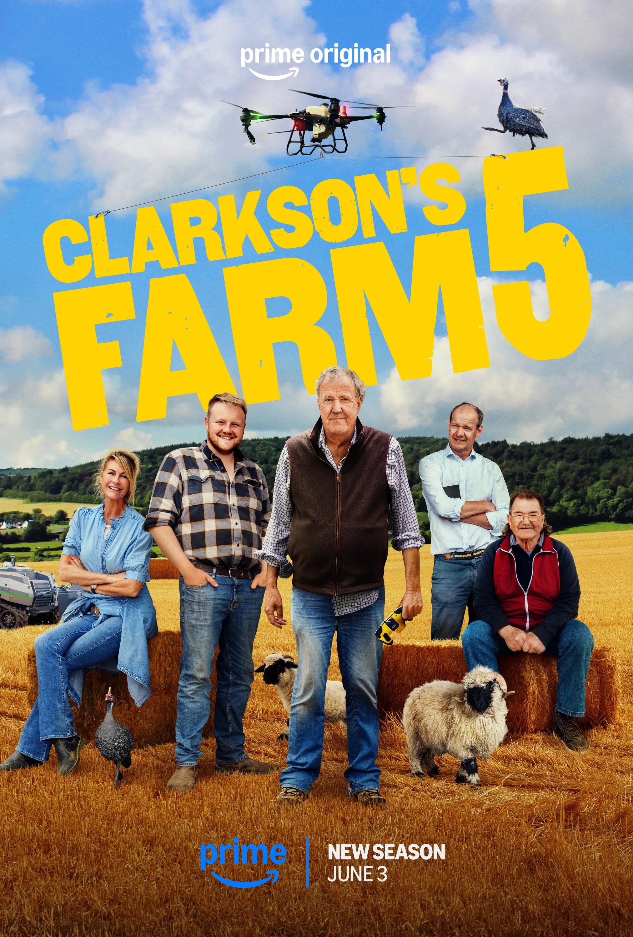 Key art for Clarkson's Farm Season 5, featuring the main cast standing in a field with sheep and a drone.