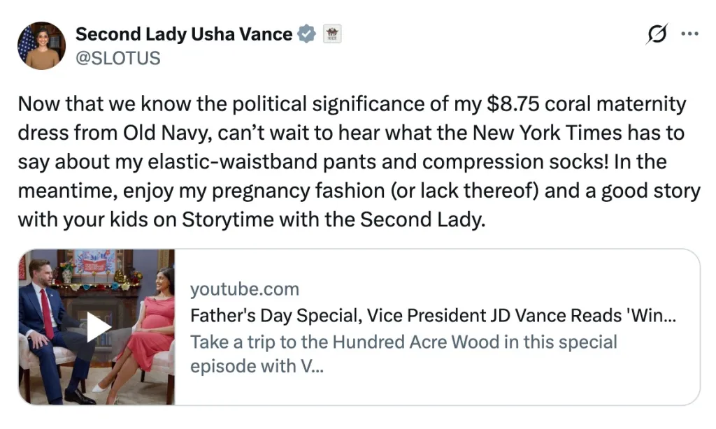 A tweet from Second Lady Usha Vance about her maternity fashion and a link to a YouTube video of 