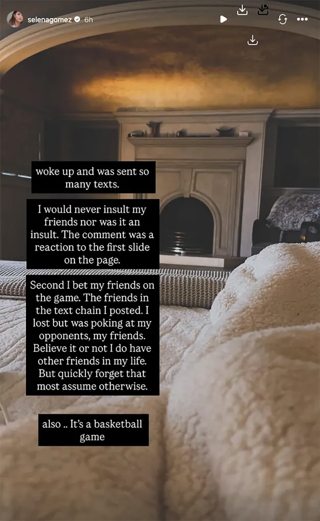 Selena Gomez's Instagram story defending herself against claims she insulted a friend, with text overlaid on a blurred background of a room.