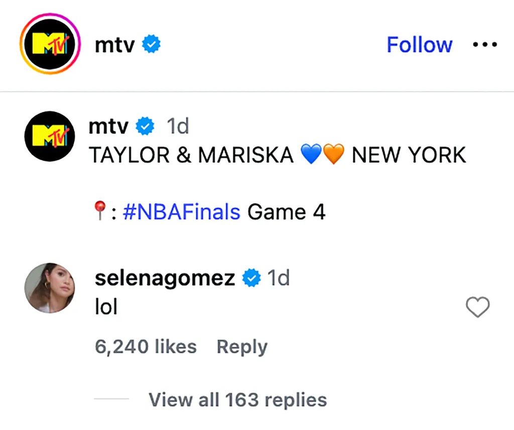 A screenshot of an Instagram post from MTV about Taylor and Mariska, with a comment from Selena Gomez saying