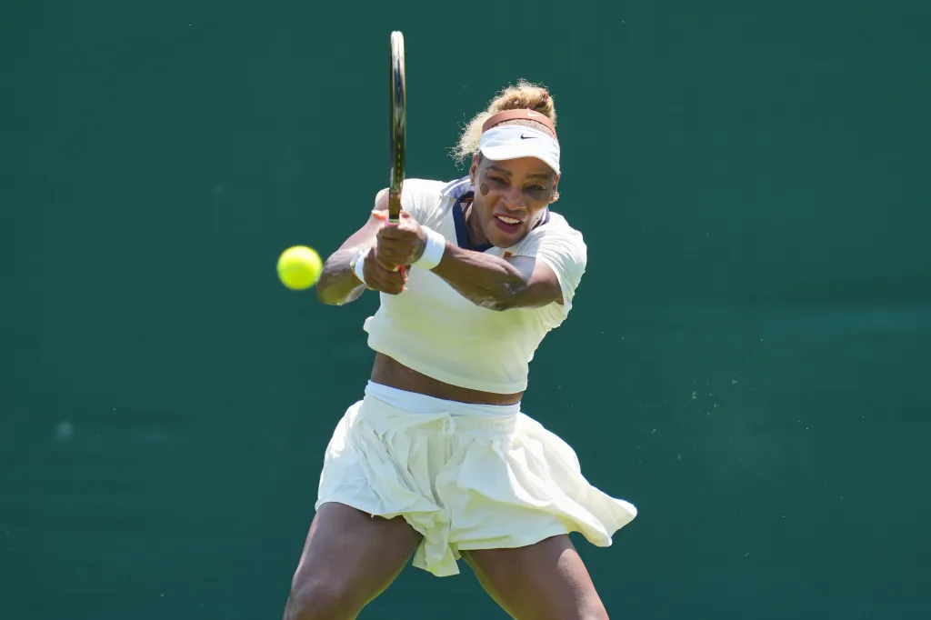 Serena Williams playing a return during a practice session at the Wimbledon Tennis Championships.