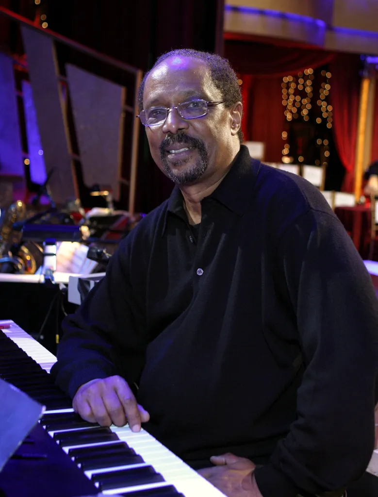 Musician Stevie Wonder playing keyboard.